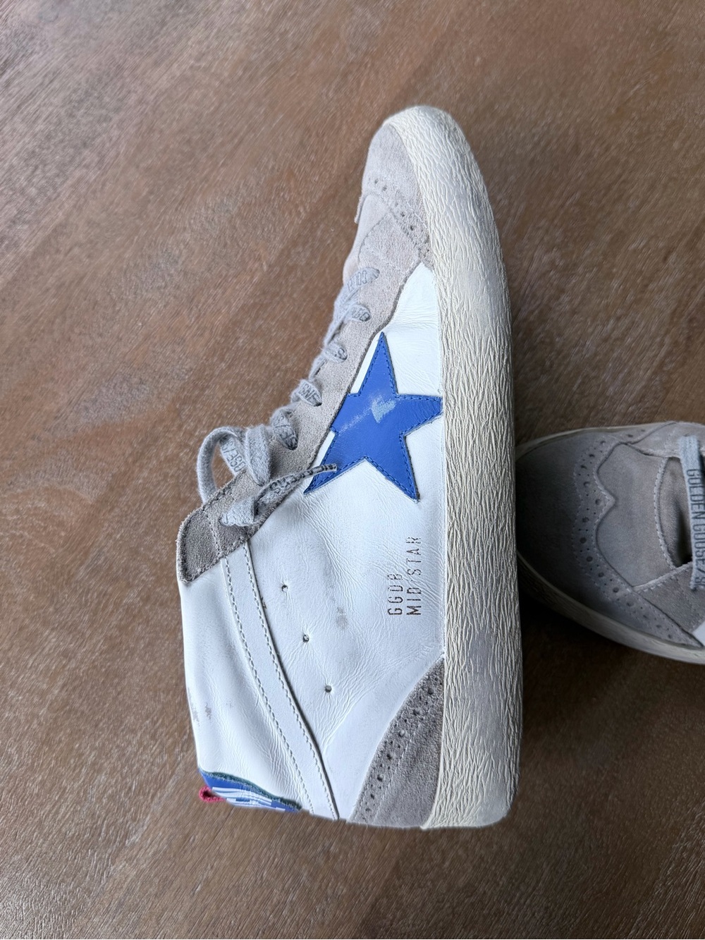Golden Goose Mid Star Beige Suede High-Top Sneakers with Blue Star/Pink Pull Tab - Picture 4 of 16